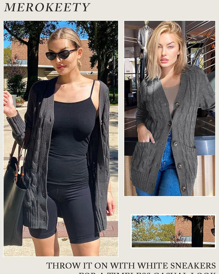 Women'S 2025 Fall Long Sleeve Cable Knit Sweater Open Front Cardigan Button Loose Outerwear