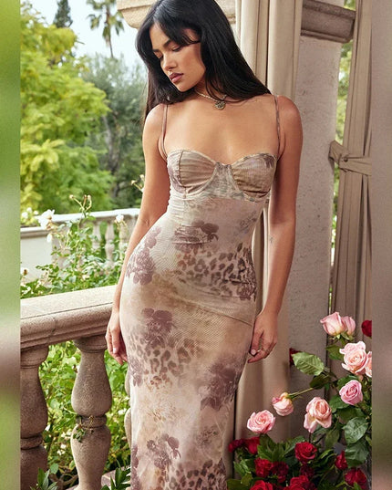 Mingmingxi Summer Spaghetti Strap Leopard Printing Dress Elegant Vintage Bodycon Mesh Birthday Wedding Guest Party Dress Long