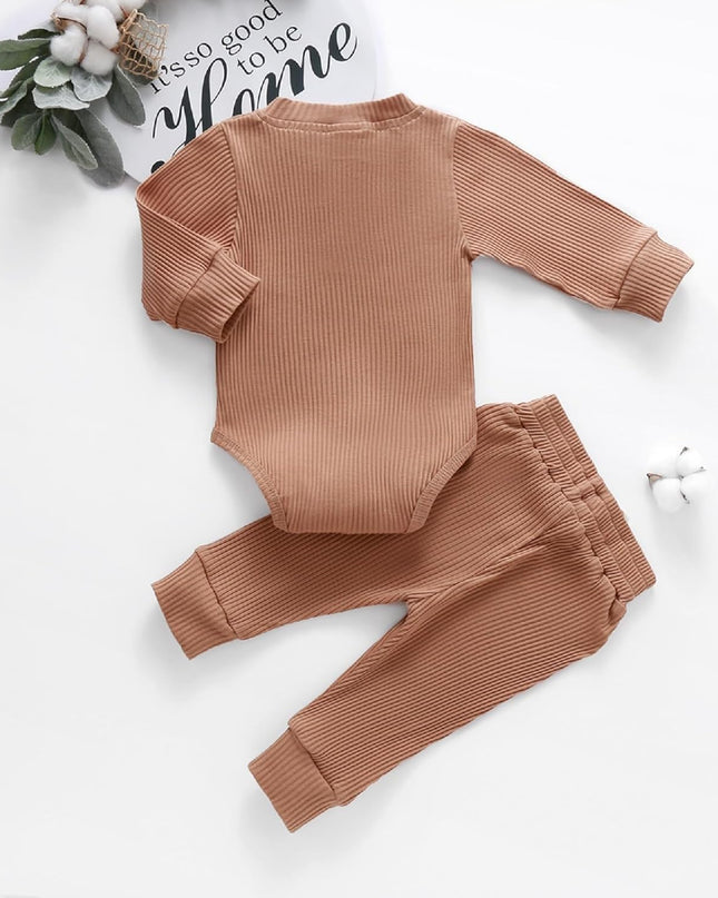 Newborn Baby Boy Girl Clothes Ribbed Knitted Cotton Long Sleeve Romper Long Pants Solid Color Fall Winter Outfits