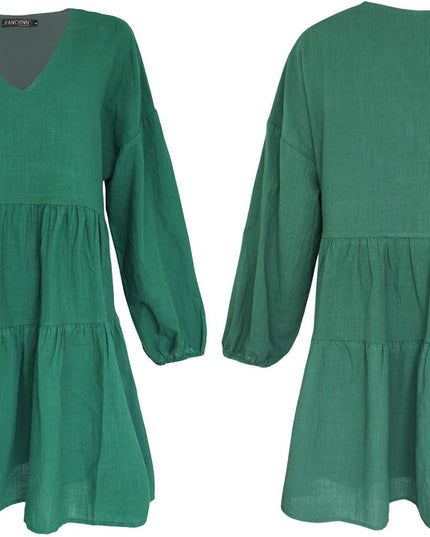 Cute Shift Tunic Dress for Women Ruffle Swing Babydoll Mini Long Sleevee Dress with Pockets