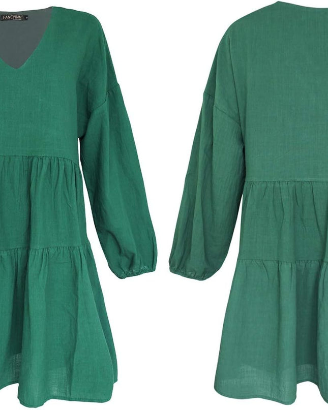 Cute Shift Tunic Dress for Women Ruffle Swing Babydoll Mini Long Sleevee Dress with Pockets
