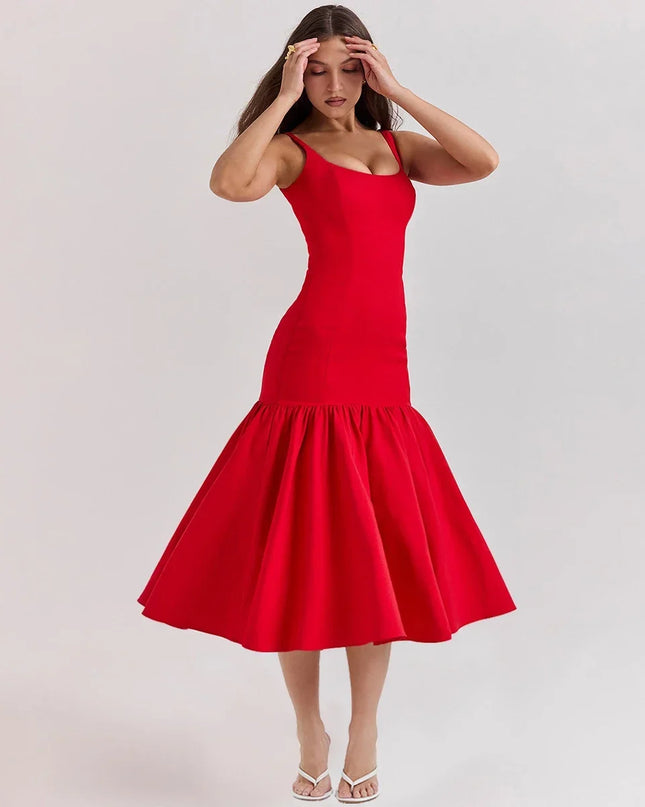 Midi Holiday Dress 2024 New Arrivals Red Spaghetti Strap Elegant Hem Dress Casual Birthday Party Dresses
