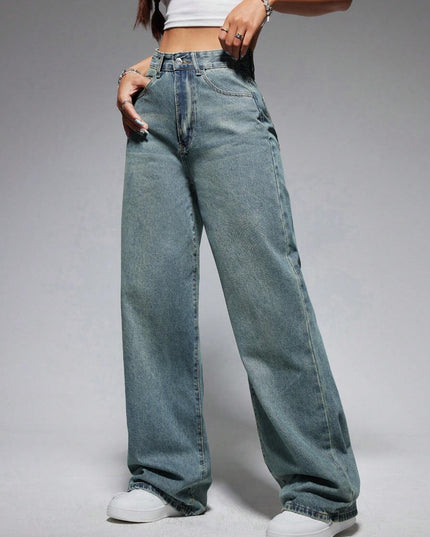 Jeanoix Washed Wide-Leg Jeans with Slanted Pockets Baggy Jeans Y2K