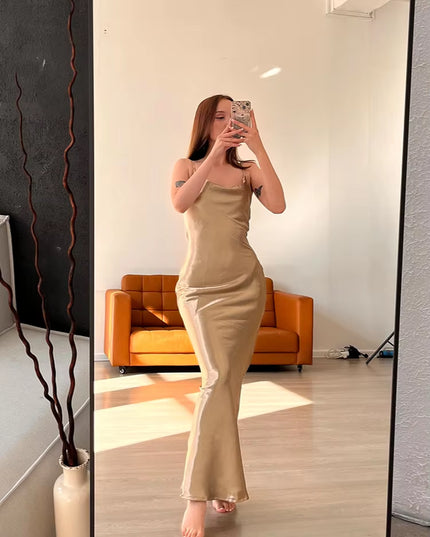 Elegant Satin Backless Maxi Dress for Women Gown Summer Spaghetti Strap Sleeveless Party Long Dress Vestido Robe Femmes