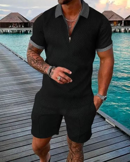 New 2025 Men'S Polo Suit Fashion Men Sets Solid Summer V-Neck Zipper Short Sleeve POLO Shirt+Shorts Two Pieces Men Casual Suit