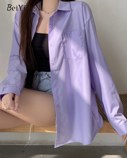2024 Spring Autumn Women Shirts White Plain Loose Oversized Blouses Female Tops Loose BF Korean Style Blusas Pockets