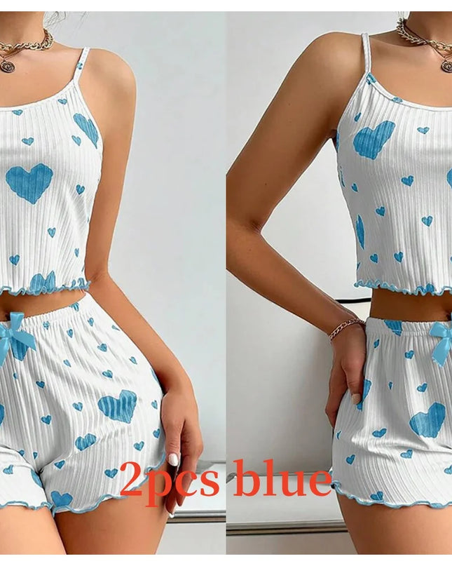 Women'S Pajamas Set Sleepwear 2 PCS Short Tank Tops and Shorts S M L White Ventilate Soft Casual Love Printing