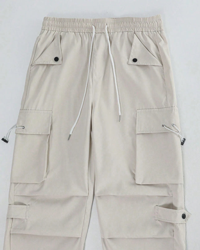 Manfinity Roghcode Men'S Flap Pocket Drawstring Waist Cargo Pants Baggy Long Plain Going Out, Back to School