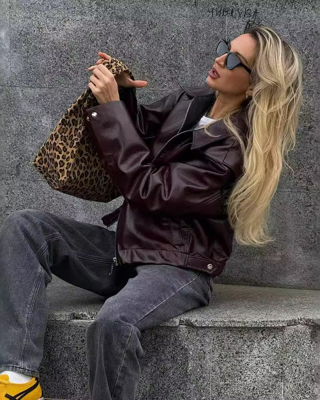 Solid Color Lapel Zipper Jacket Fashion Casual Long Sleeve Leather Coat Tops Women Clothing