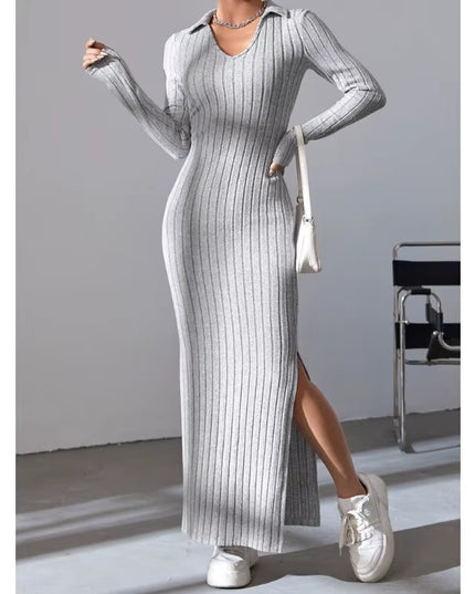 2024 New Women'S Sexy Knitted V-Neck Reverse Collar Split Dress Autumn/Winter Long Sleeve Elastic Basic Body Sweater