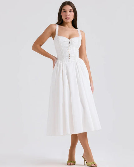 Mingmingxi Elegant and Beautiful Women'S Dresses 2024 White Midi Jacquard Dress Sexy Lace up Party Dresses Women'S Clothing