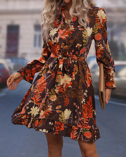 Clasi Floral Print Flounce Sleeve Ruffle Hem Belted Dress