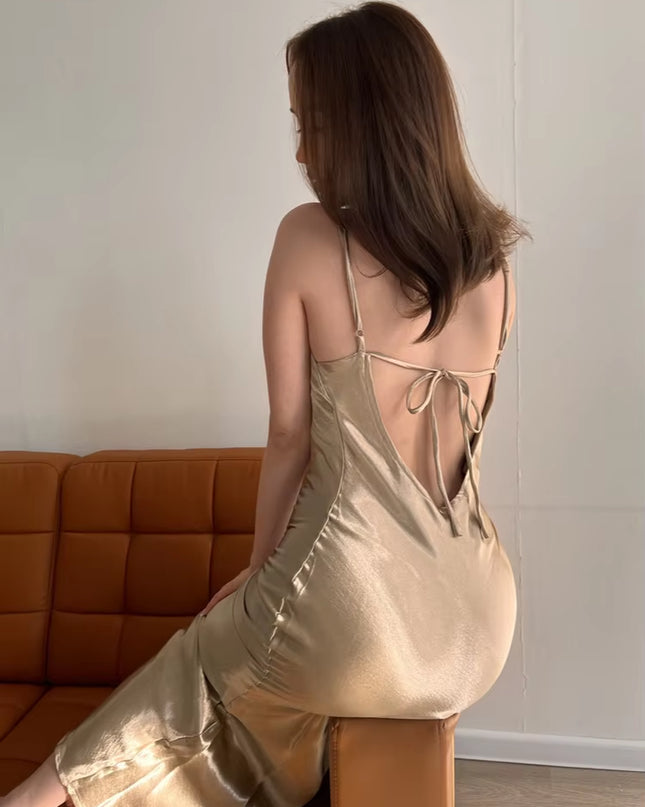 Elegant Satin Backless Maxi Dress for Women Gown Summer Spaghetti Strap Sleeveless Party Long Dress Vestido Robe Femmes