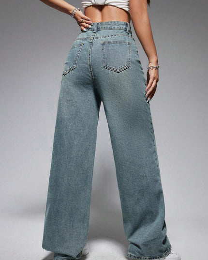 Jeanoix Washed Wide-Leg Jeans with Slanted Pockets Baggy Jeans Y2K