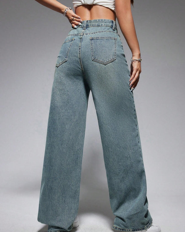 Jeanoix Washed Wide-Leg Jeans with Slanted Pockets Baggy Jeans Y2K