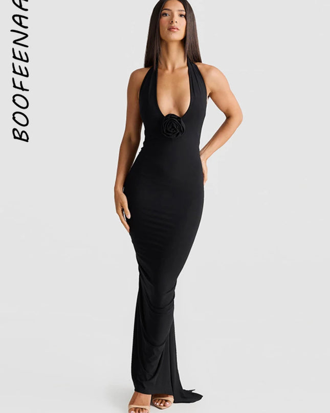 Women's Elegant Floral-Applique Halter Backless Maxi Dress - Summer Party Wear 2024 C83-CE37