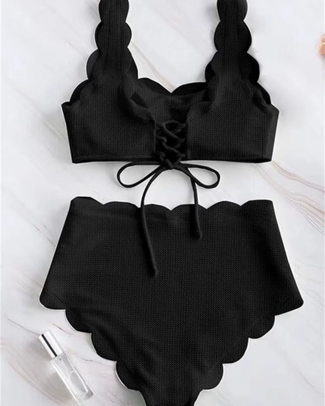 Solid Blue Two Pieces Swimsuit Bathing Suits Bikini Women Scalloped Textured High Waisted Bikini Set Lace up Bathing Suits XXL