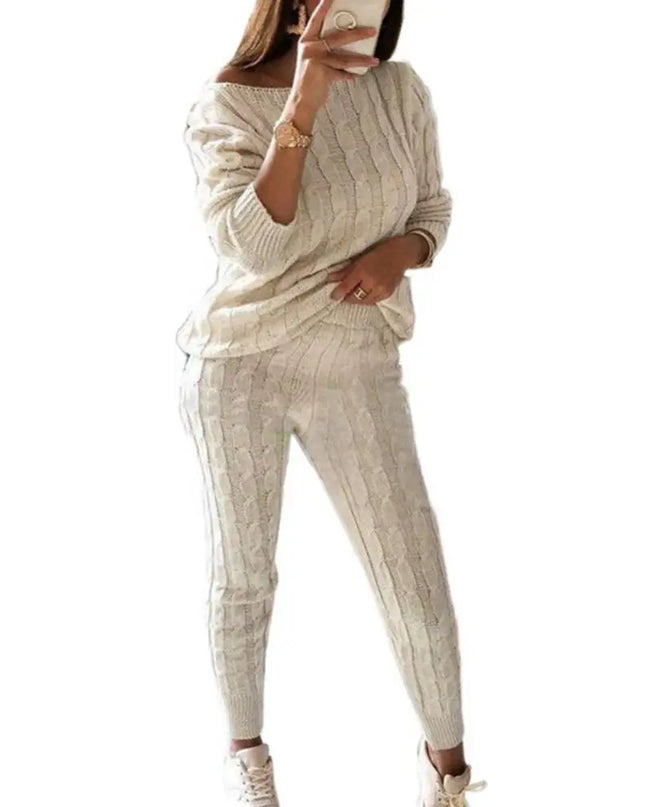 Hot Sale 2 Pieces Women'S Suit Winter Solid Color Knitted Pants Suit Women'S Long-Sleeved Knitted Casual Two-Piece Thick Sweater