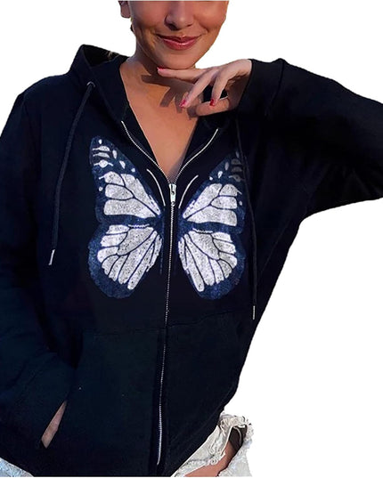 Women'S Gothic Hoodie Sweatshirt, Fashion Long Sleeve Loose Fit Comfy Pocket Butterfly Print Full Zip Hooded Coat Tops