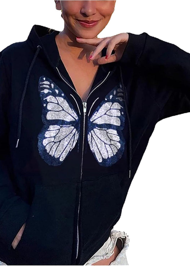 Women'S Gothic Hoodie Sweatshirt, Fashion Long Sleeve Loose Fit Comfy Pocket Butterfly Print Full Zip Hooded Coat Tops