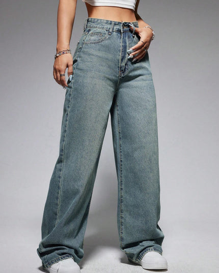 Jeanoix Washed Wide-Leg Jeans with Slanted Pockets Baggy Jeans Y2K