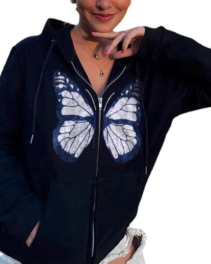 Women'S Gothic Hoodie Sweatshirt, Fashion Long Sleeve Loose Fit Comfy Pocket Butterfly Print Full Zip Hooded Coat Tops