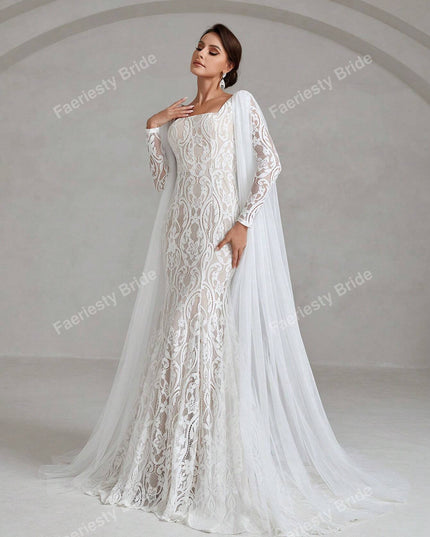 Faeriesty Elegant Square Neckline Long-Sleeve Mermaid Wedding Dress Bridal Gown with Sheer Organza Cape Detailing – Perfect for Church Ceremonies, Formal Galas, Destination Weddings, Luxurious Evening Receptions, and Grand Cathedral Celebrations