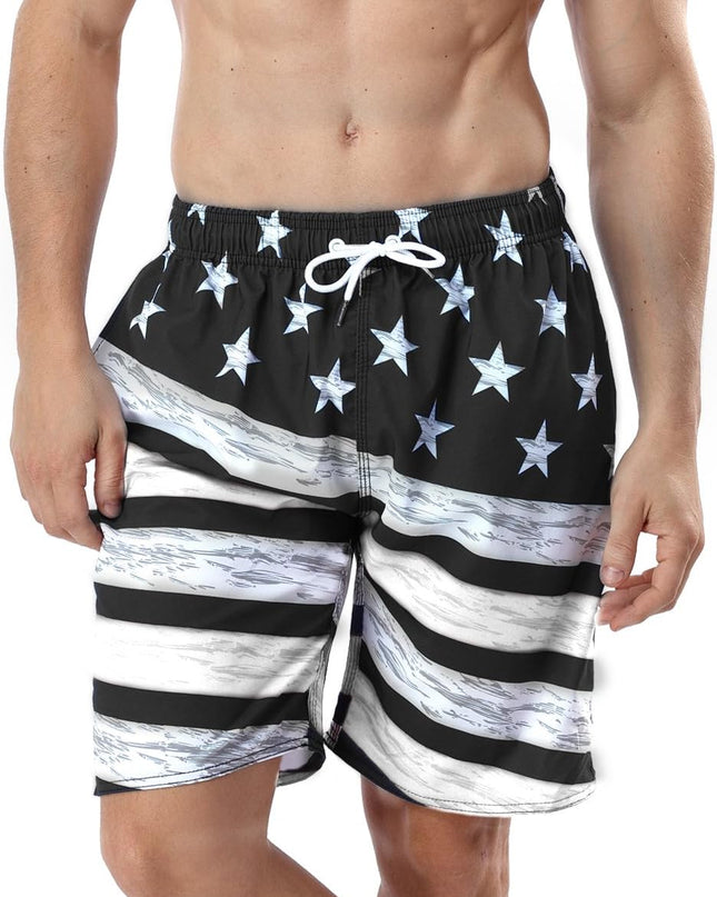 Quick Drying Swim Trunks Men 7'' Beach Swimming Shorts Bathing Suit Striped Swimwear Board Shorts with Pockets