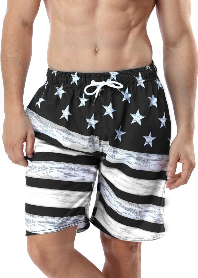 Quick Drying Swim Trunks Men 7'' Beach Swimming Shorts Bathing Suit Striped Swimwear Board Shorts with Pockets