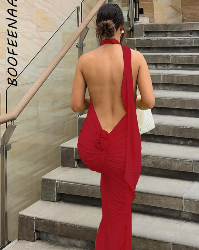 Women's Elegant Floral-Applique Halter Backless Maxi Dress - Summer Party Wear 2024 C83-CE37