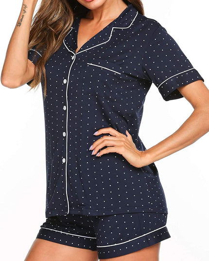 Pajamas Set Short Sleeve Sleepwear Womens Button down Nightwear Soft Pj Lounge Sets with Pocket S-4XL, Navy with White Dots, Large