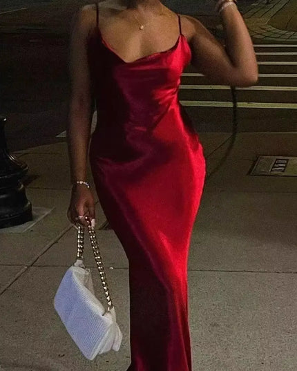 Elegant Satin Backless Maxi Dress for Women Gown Summer Spaghetti Strap Sleeveless Party Long Dress Vestido Robe Femmes