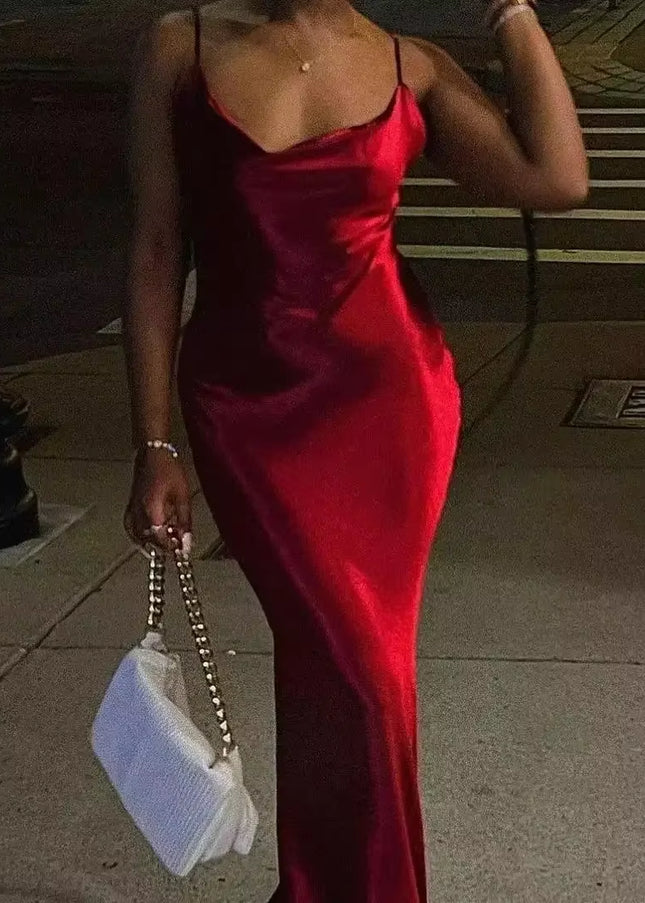 Elegant Satin Backless Maxi Dress for Women Gown Summer Spaghetti Strap Sleeveless Party Long Dress Vestido Robe Femmes
