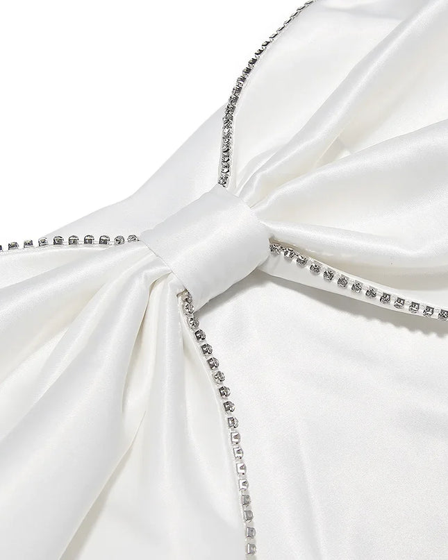 Sexy Satin Strapless White Bodycon Dress Mini Diamonds Bow Wedding Guest Night Party Dresses Summer Women Dress 2023