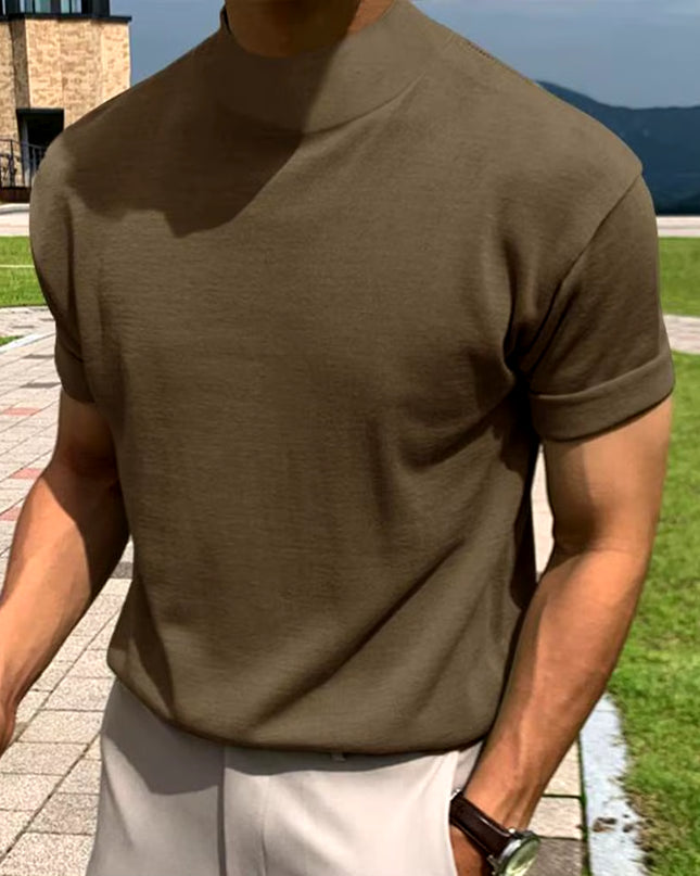 Men T-Shirt Solid Color High Neck Men Top Sweat Absorption Dress-Up Fitness Top Summer Short Sleeve Male Shirt Top for Men