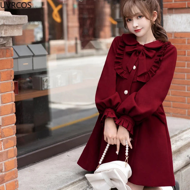 Winter Women'S Woolen Coat Japanese Lolita Style Sweet Kawai Bow A-Line Loose Jackets Female Elegant Fall Korean Fashion Outwear