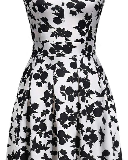 Summer Dresses for Women with Pockets Elegant Retro 50S Pleated V Keyhole Sleeveless Holiday Party Dance Wedding Guest Dress (S, Sp81-White Black Flo)
