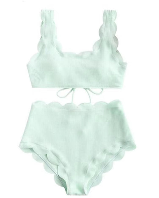 Solid Blue Two Pieces Swimsuit Bathing Suits Bikini Women Scalloped Textured High Waisted Bikini Set Lace up Bathing Suits XXL