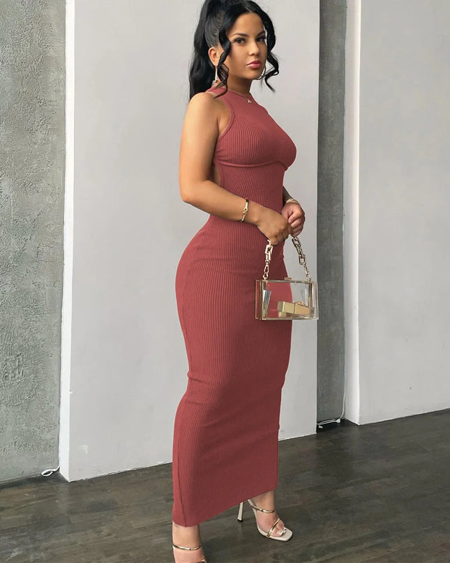 Ribbed Solid Hollow Out Backless Sleeveless Sexy Slit Mini Dress Bodycon 2025 Spring Women Outfits Elegant Party Y2K