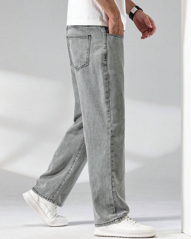 Manfinity Hypemode Men\ Solid Straight Leg Jeans, Grey Baggy Jeans Men, Loose Jeans Pants for Men, Men'S Grey Jeans, Baggy Jeans