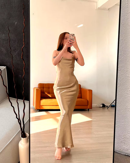 Elegant Satin Backless Maxi Dress for Women Gown Summer Spaghetti Strap Sleeveless Party Long Dress Vestido Robe Femmes