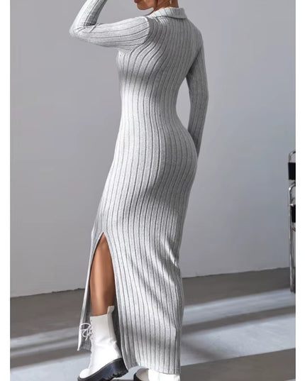 2024 New Women'S Sexy Knitted V-Neck Reverse Collar Split Dress Autumn/Winter Long Sleeve Elastic Basic Body Sweater