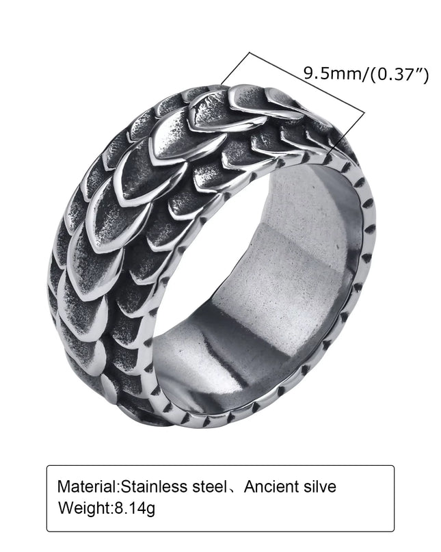 Rock Punk Viking Dragon Carved Surface Rings for Men Jewelry,Vintage Silver Color Stainless Steel Male Finger Bands