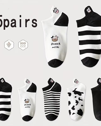 5 Pairs Womens Socks Lovely Cow Pattern Short Socks Creative Printing Socks Ankle Sock
