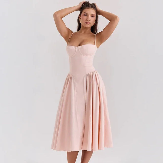 Elegant Spaghetti Strap Midi Dress Slim a Line Party Dresses Navy Blue Casual Birthday Holiday Dress Women'S Clothing