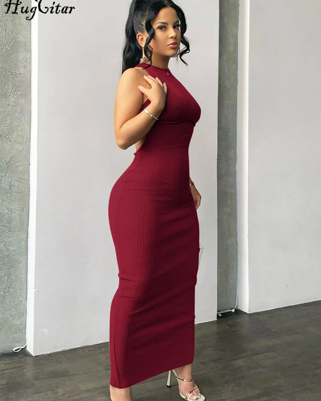 Ribbed Solid Hollow Out Backless Sleeveless Sexy Slit Mini Dress Bodycon 2025 Spring Women Outfits Elegant Party Y2K
