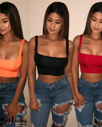 Sexy Women Solid Strappy Tank 2019 Vest Crop Top Summer Beach Party Sleeveless Slash Neck Tanks Woman Girls Bralette Tank Top