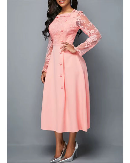 Dresses for Women Elegant Long Sleeve Lace Stitching High Waist Big Hem Mid-Length Oversized Dresses for Women