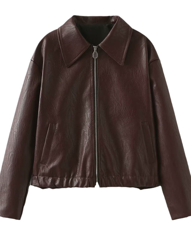 Solid Color Lapel Zipper Jacket Fashion Casual Long Sleeve Leather Coat Tops Women Clothing