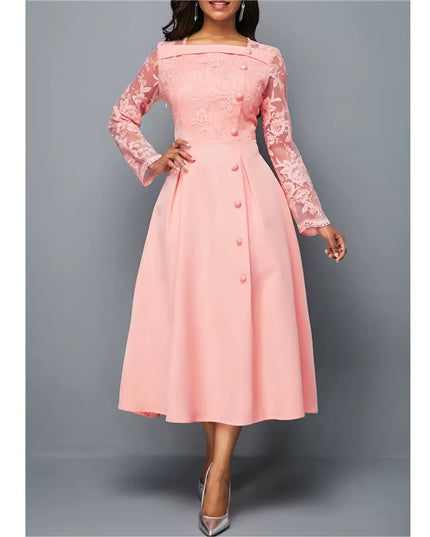 Dresses for Women Elegant Long Sleeve Lace Stitching High Waist Big Hem Mid-Length Oversized Dresses for Women